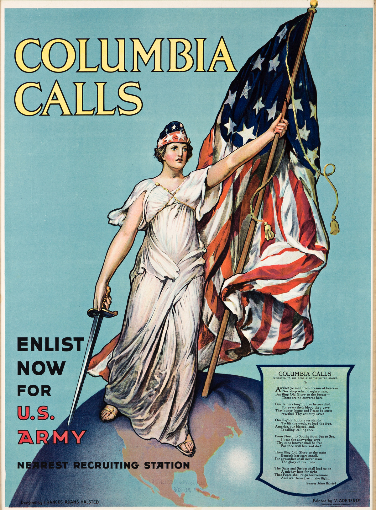 FRANCES ADAMS HALSTED (1873-?) & VINCENT ADERENTE (1880-1941).  COLUMBIA CALLS / ENLIST NOW. 1916. 39¼x29½ inches, 99¾x75 cm.
